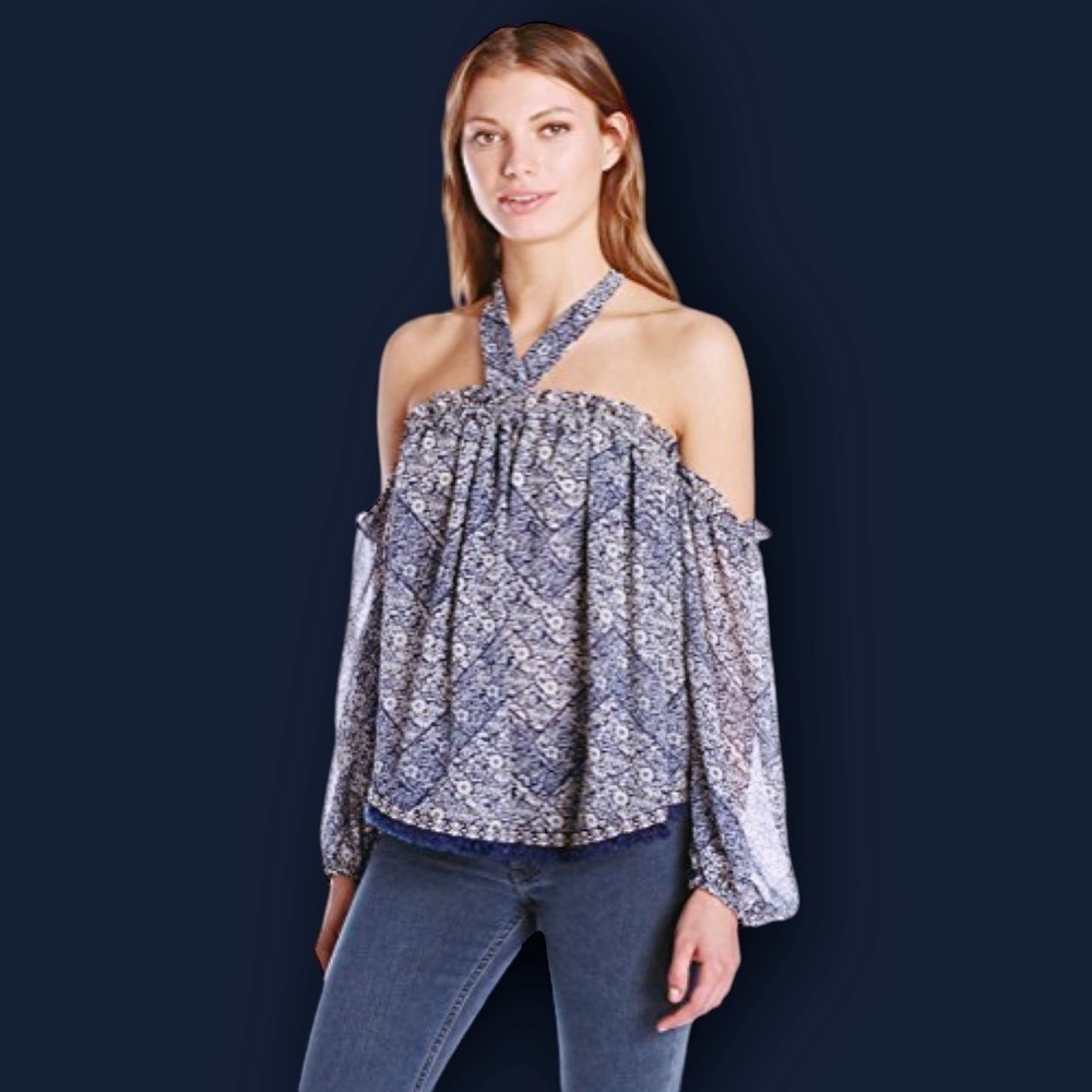 Misa Los Angeles Blue Floral Print ‘Livey’ Off The Shoulder Tie-Neck Top Size XS